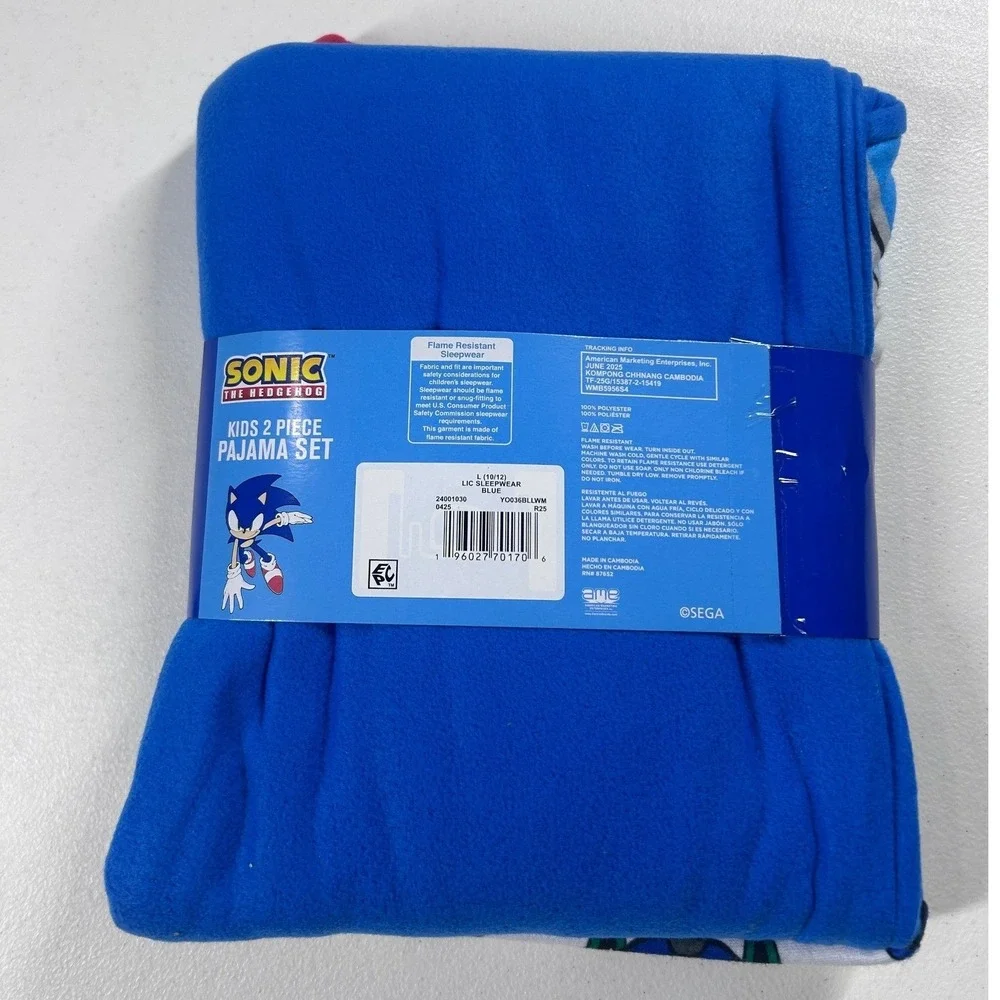 Sonic the Hedgehog Pajama Set Kids‎ L 10/12 Blue 2pc Fleece Sleepwear New